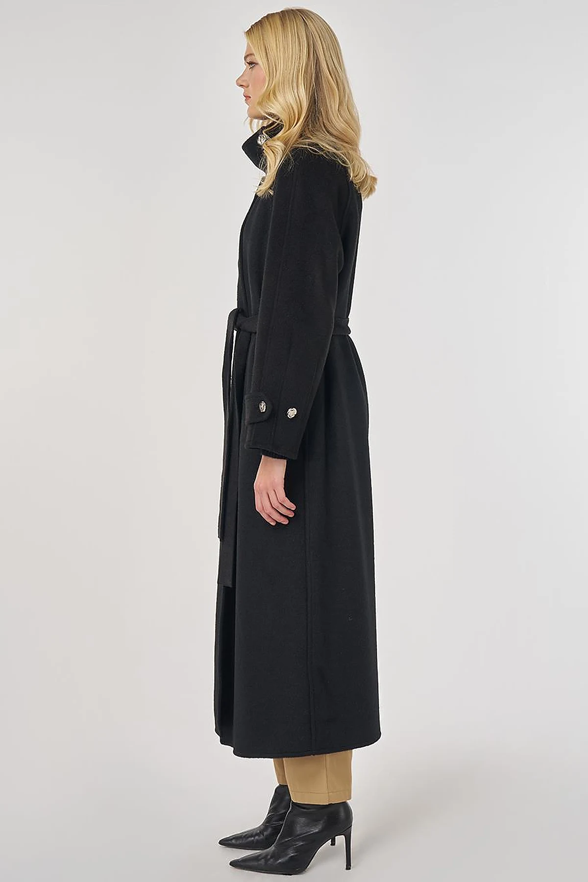 High Neck Belted Wool Coat in Black