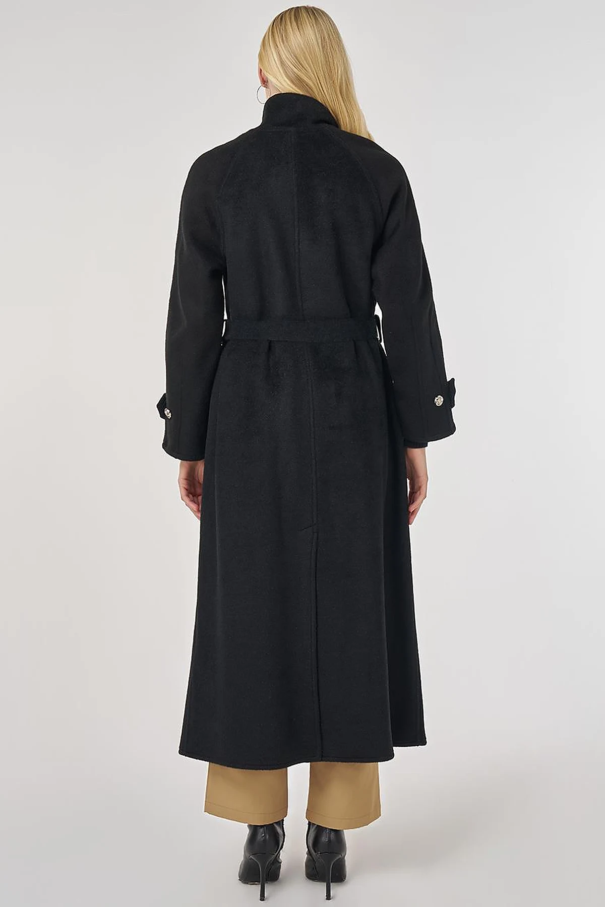 High Neck Belted Wool Coat in Black