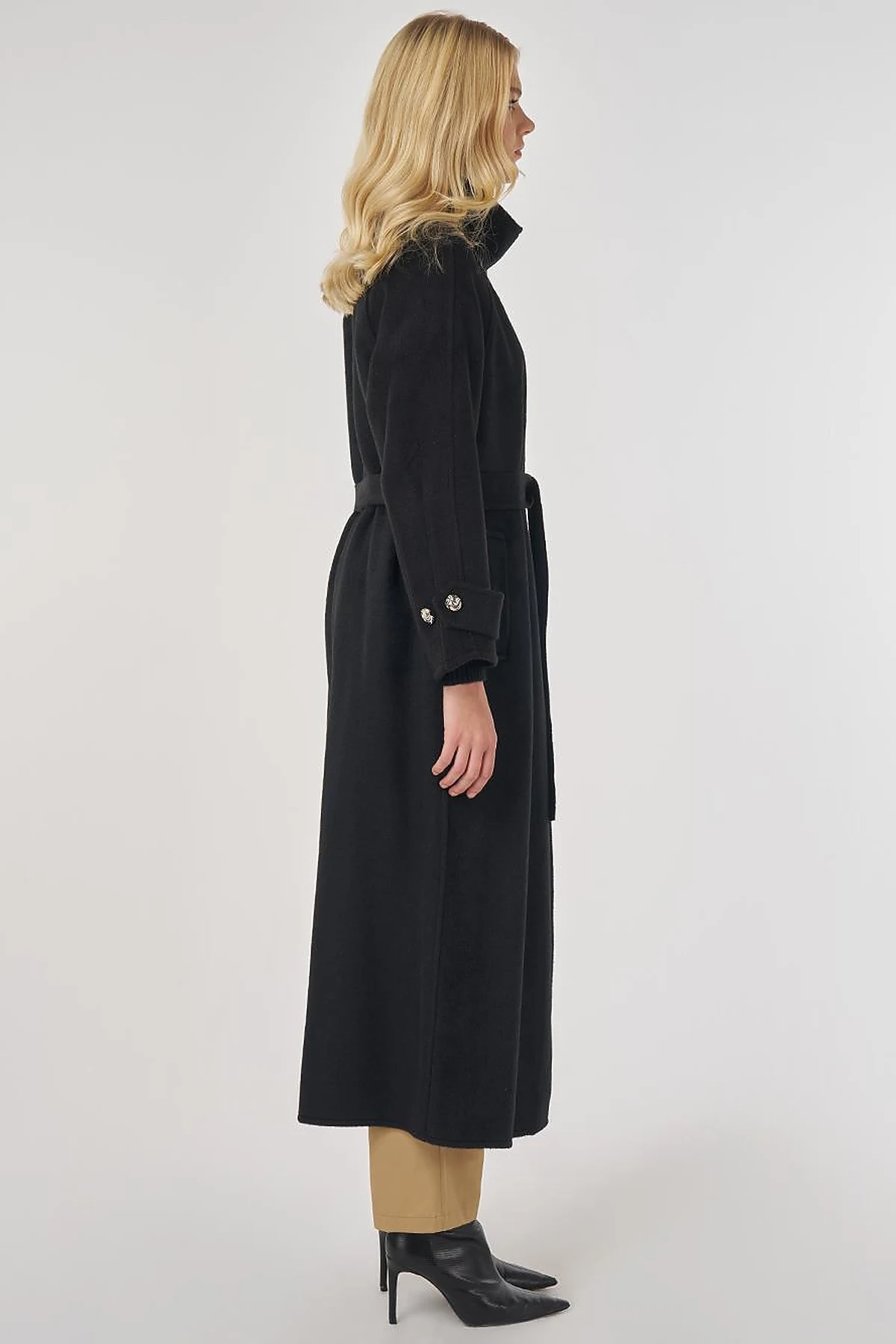 High Neck Belted Wool Coat in Black