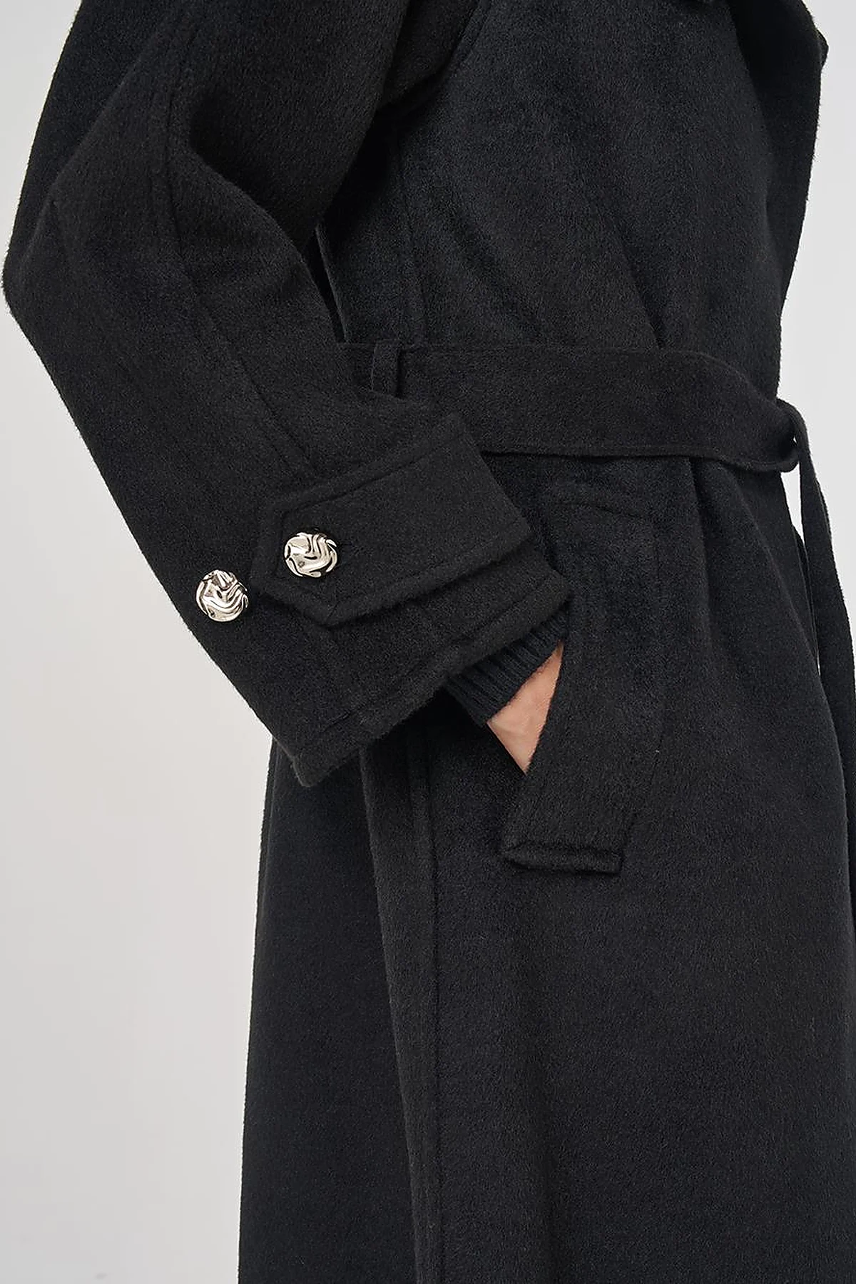 High Neck Belted Wool Coat in Black