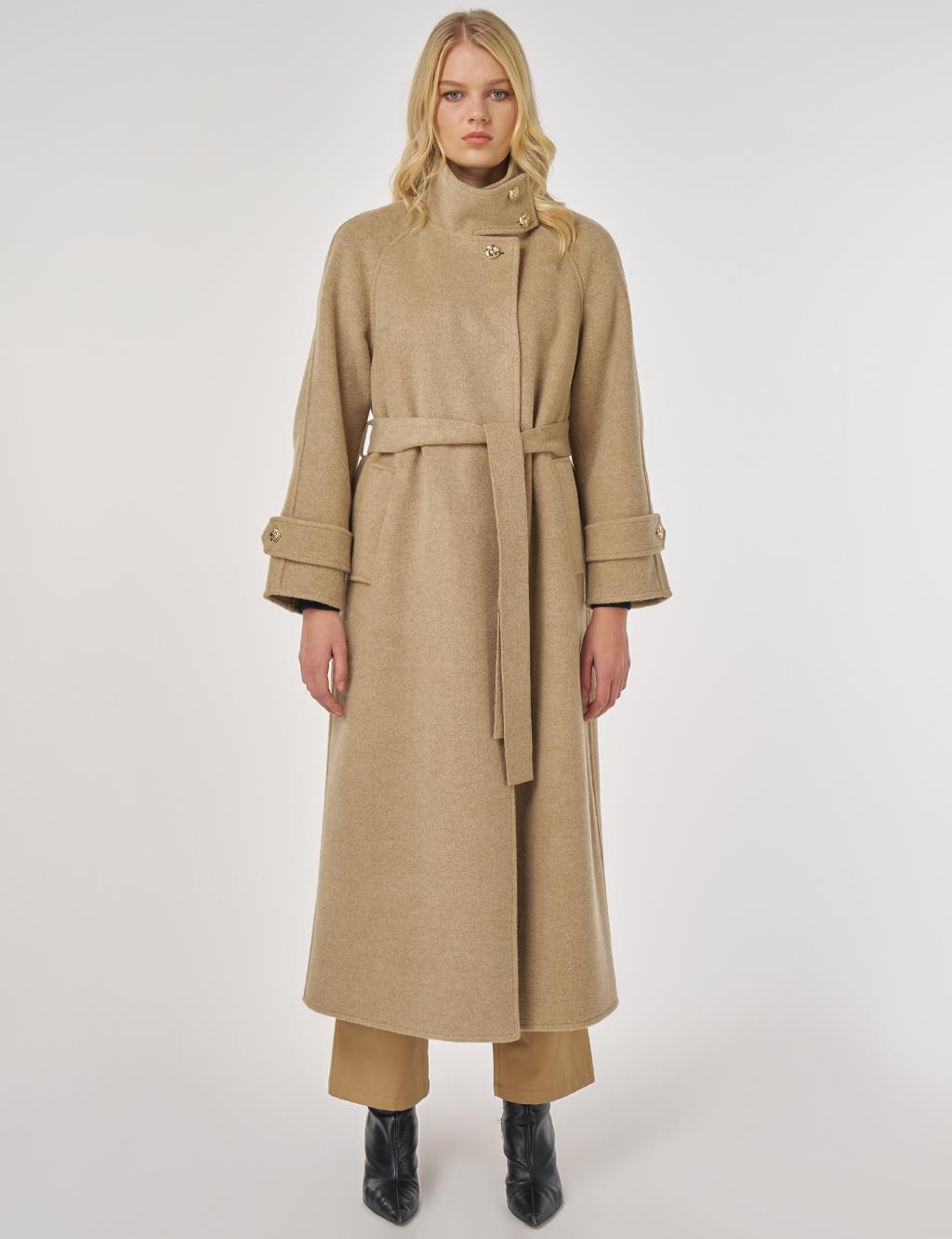 High Neck Belted Wool Coat in Dark Beige