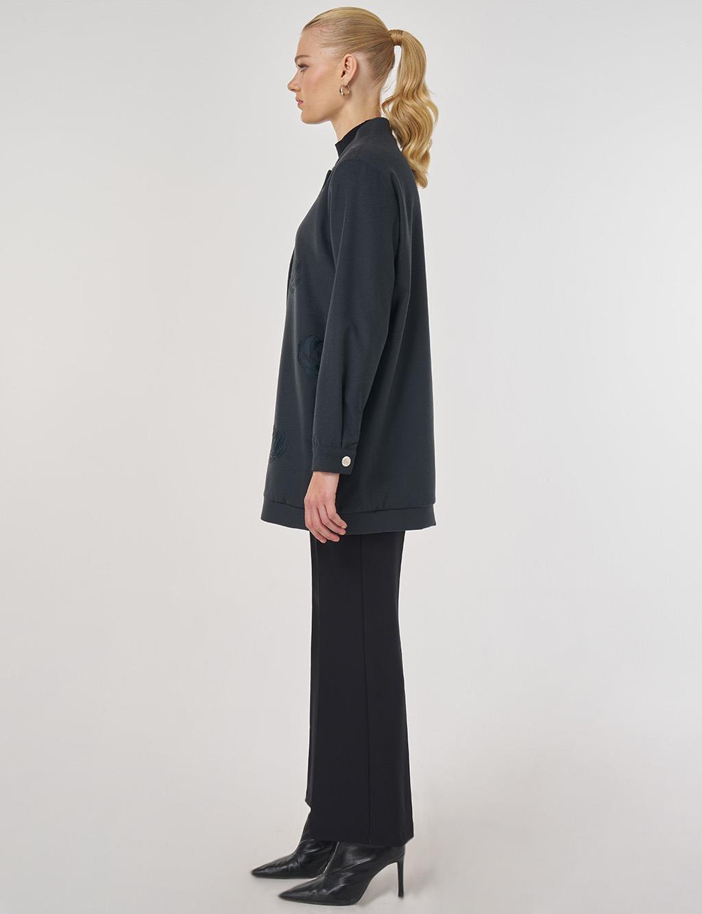 Aplikeli Kısa Kaşe Kaban Füme