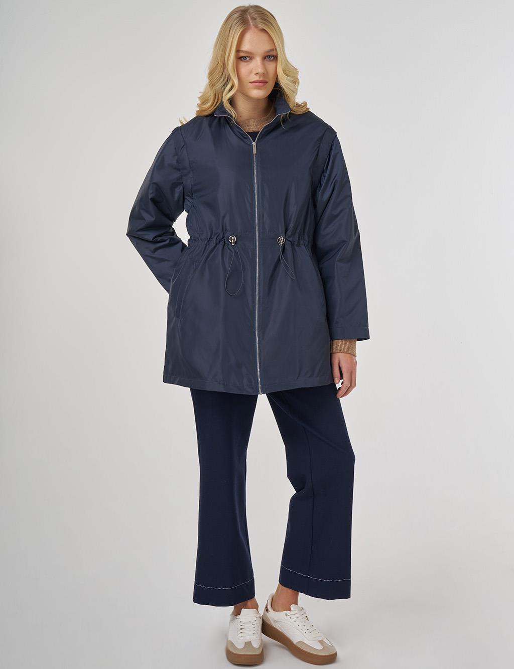 Bel Büzgülü Kısa Mont Koyu Lacivert