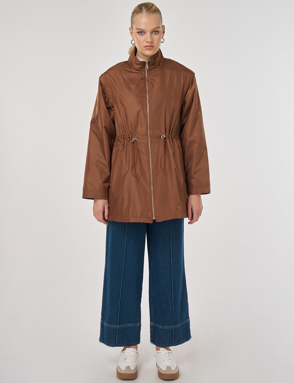 Bel Büzgülü Kısa Mont Açık Kahve