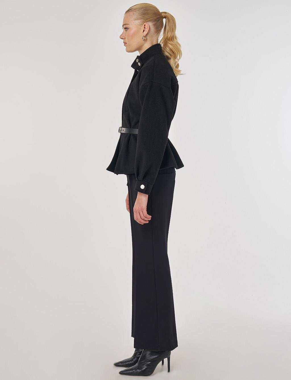 Dik Yaka Kısa Kaşe Kaban Siyah