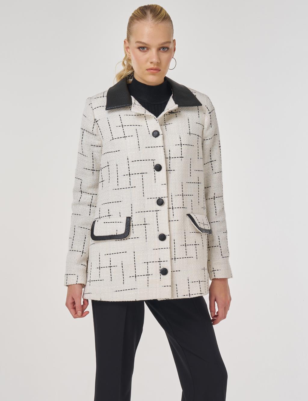 Leather-Collared Patterned Jacket Ecru