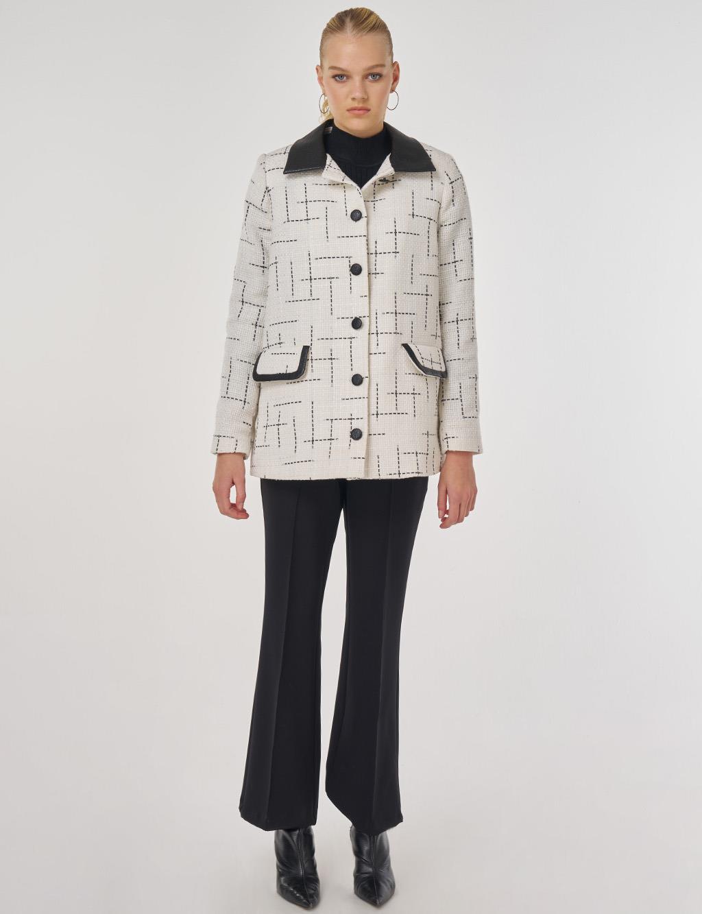 Leather-Collared Patterned Jacket Ecru