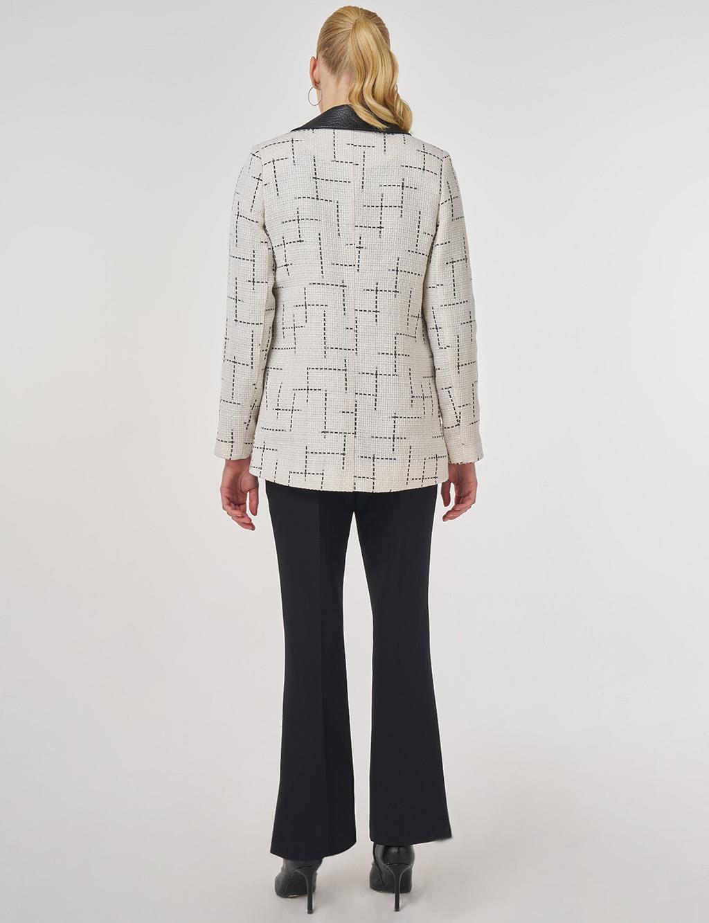 Leather-Collared Patterned Jacket Ecru