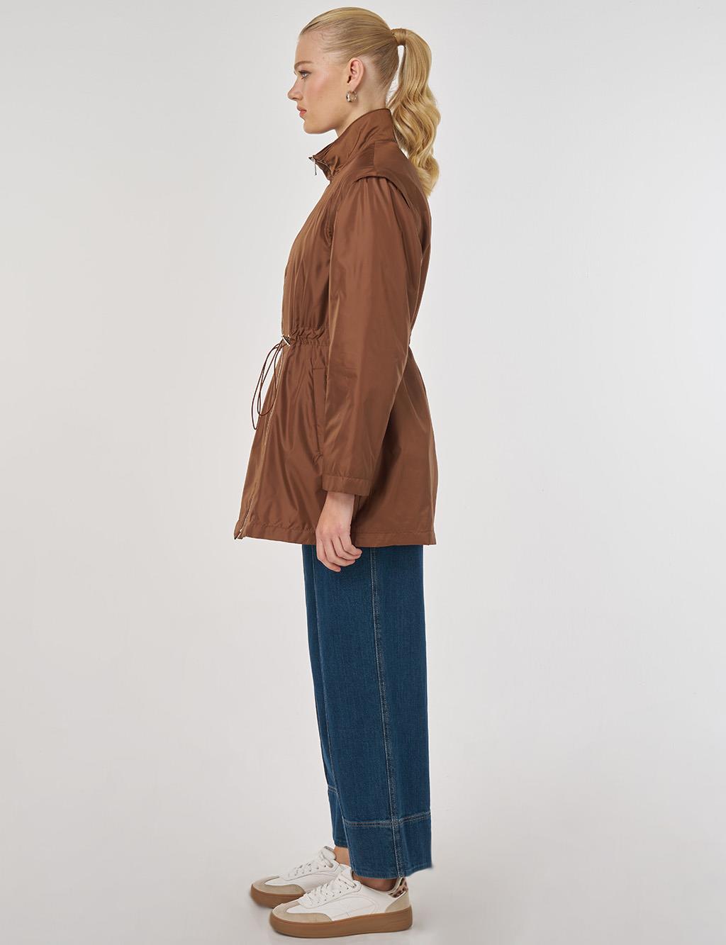 Bel Büzgülü Kısa Mont Açık Kahve