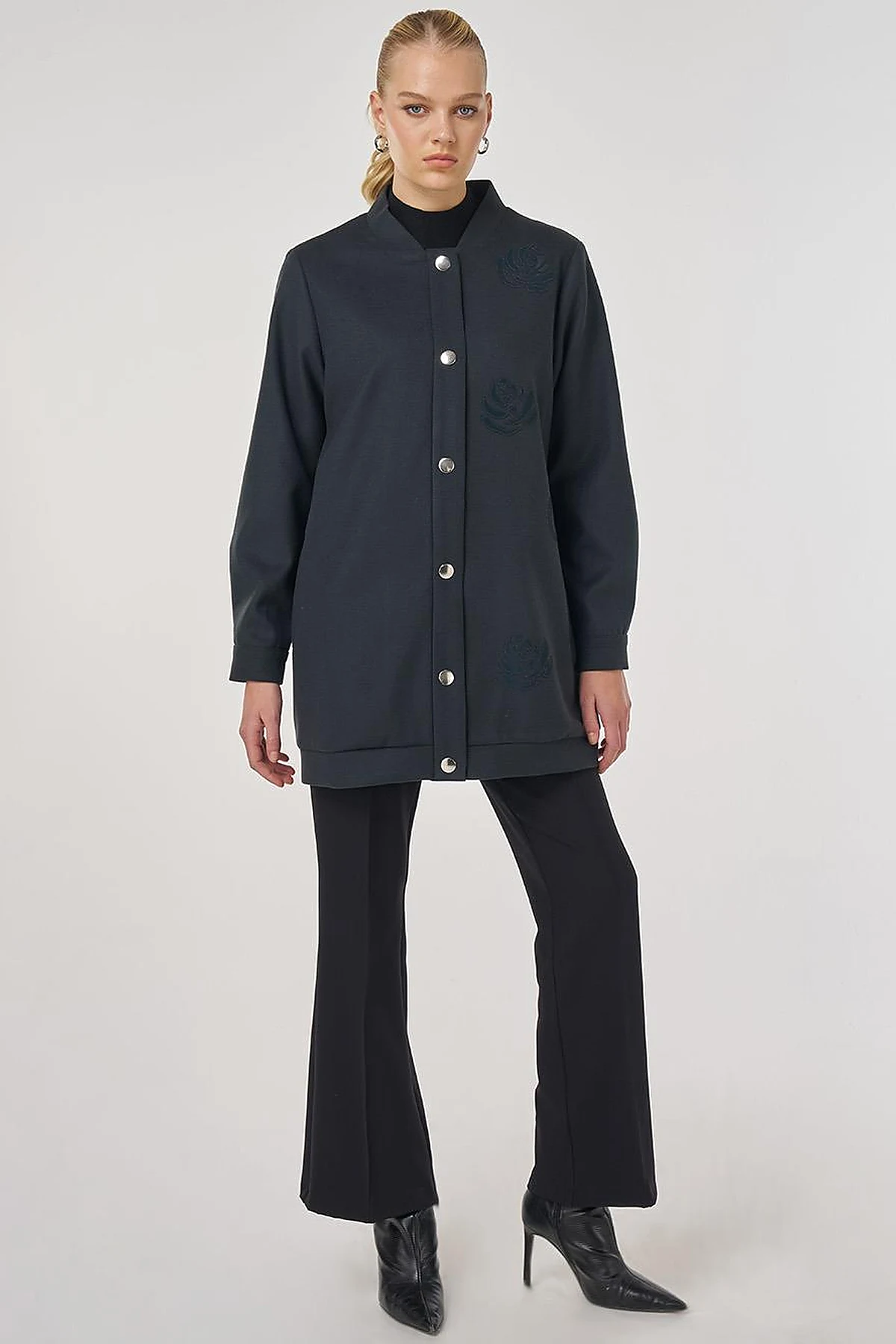 Embroidered Short Wool-Blend Coat in Smoke
