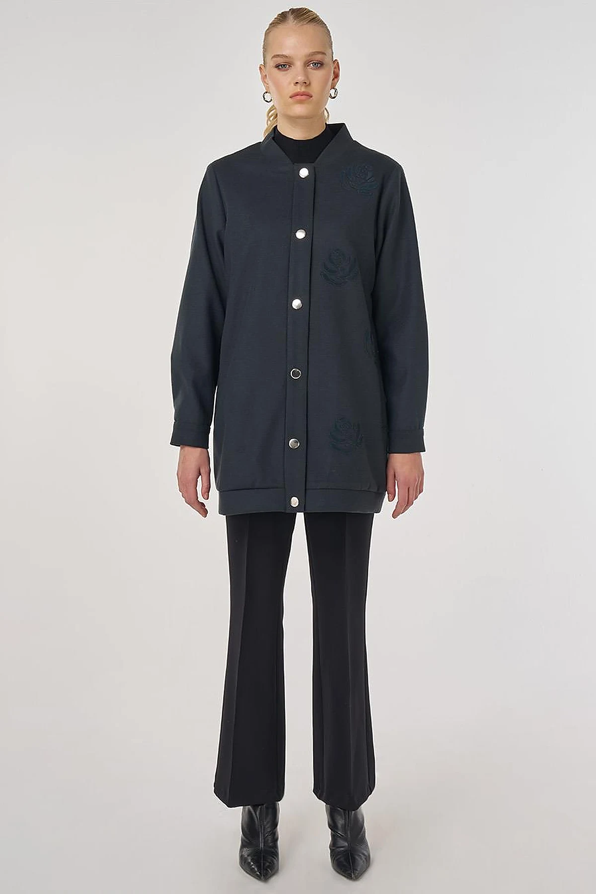 Embroidered Short Wool-Blend Coat in Smoke