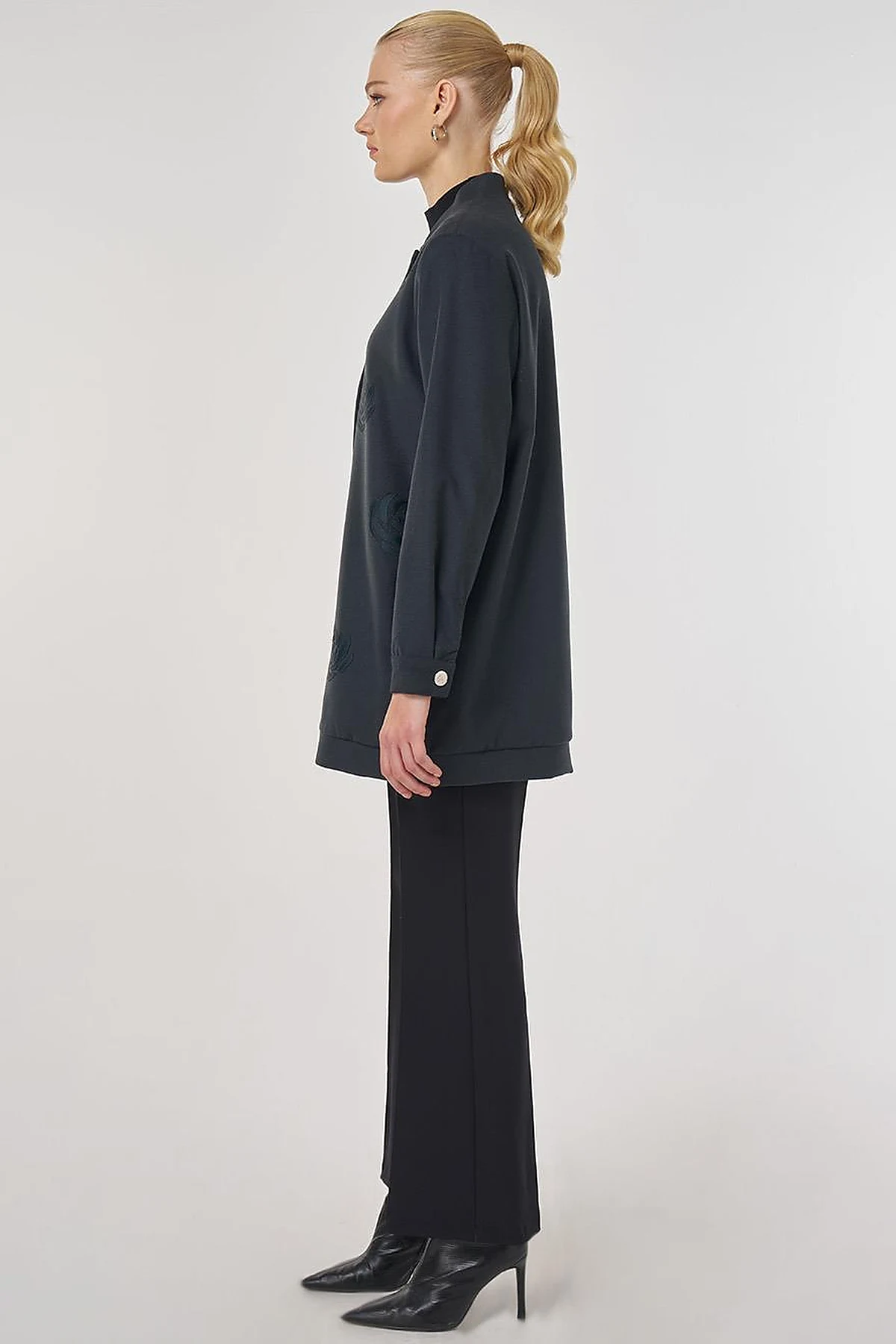 Embroidered Short Wool-Blend Coat in Smoke