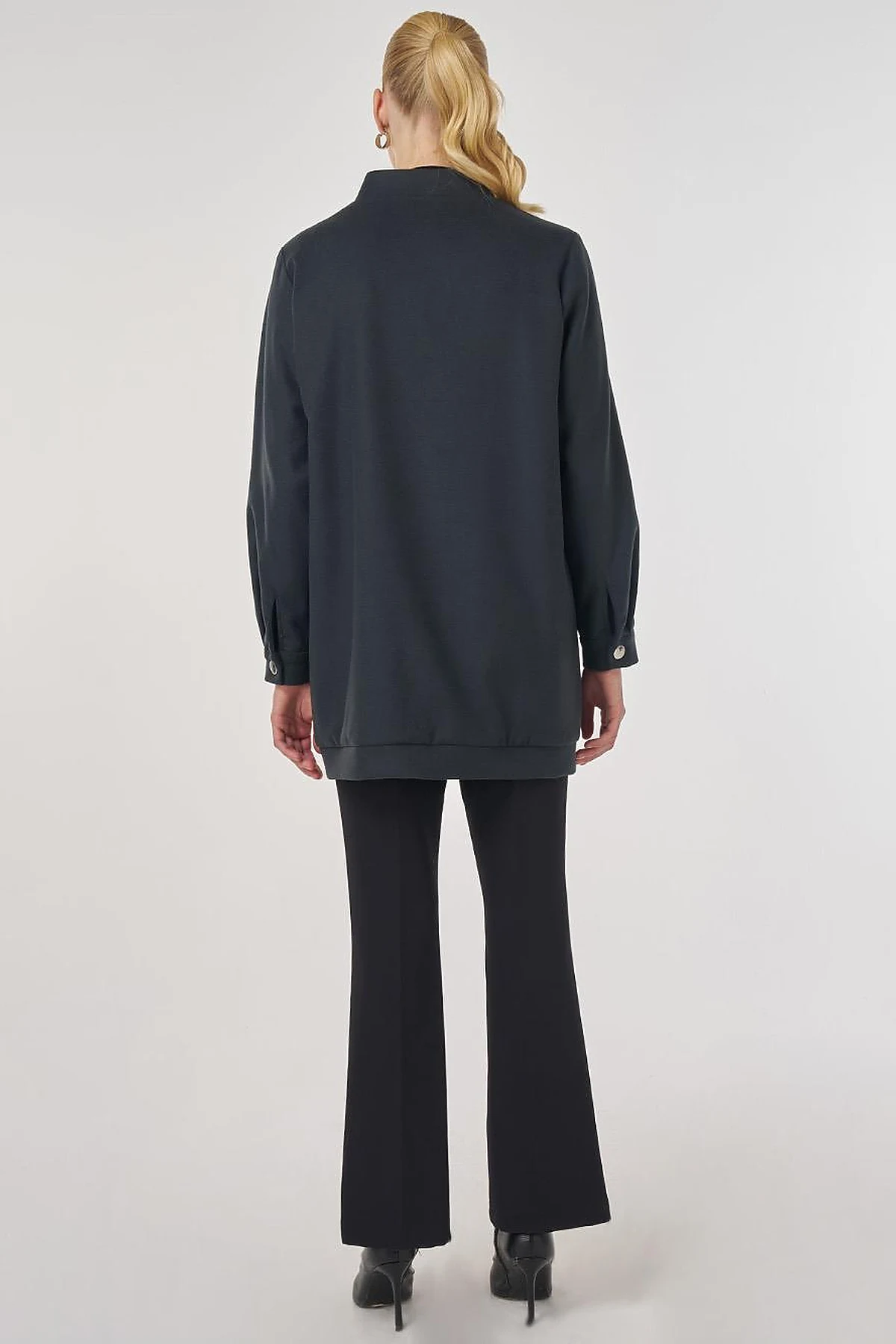 Embroidered Short Wool-Blend Coat in Smoke