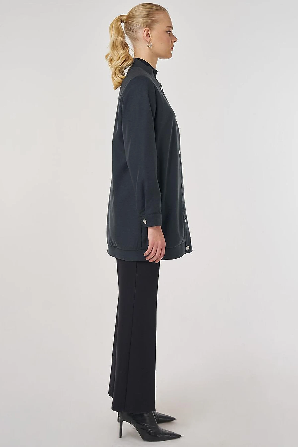 Embroidered Short Wool-Blend Coat in Smoke