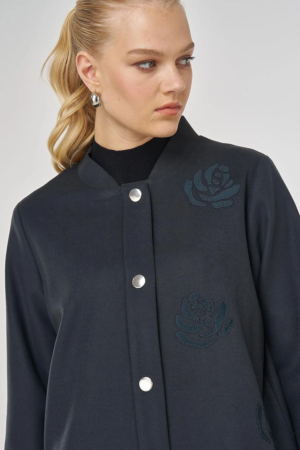 Embroidered Short Wool-Blend Coat in Smoke