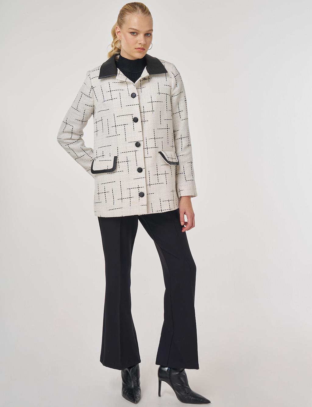 Leather-Collared Patterned Jacket Ecru