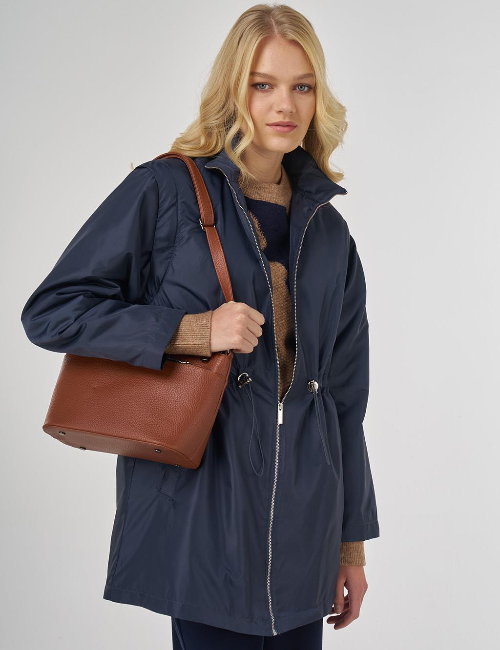 Bel Büzgülü Kısa Mont Koyu Lacivert