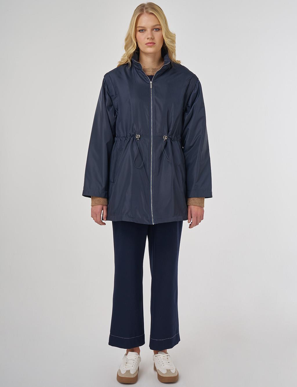 Bel Büzgülü Kısa Mont Koyu Lacivert