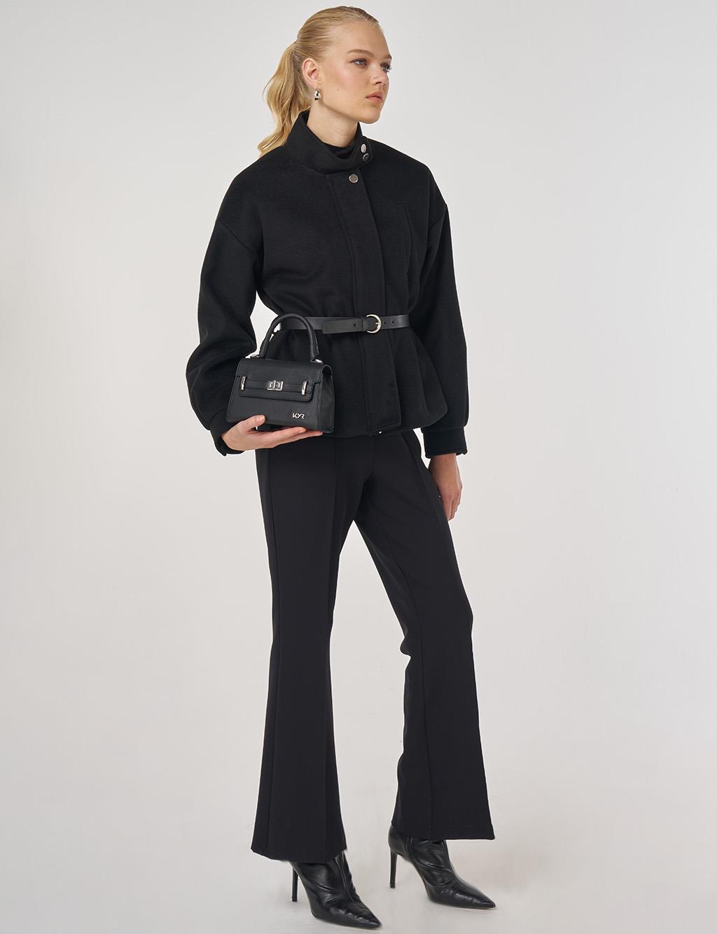 Dik Yaka Kısa Kaşe Kaban Siyah