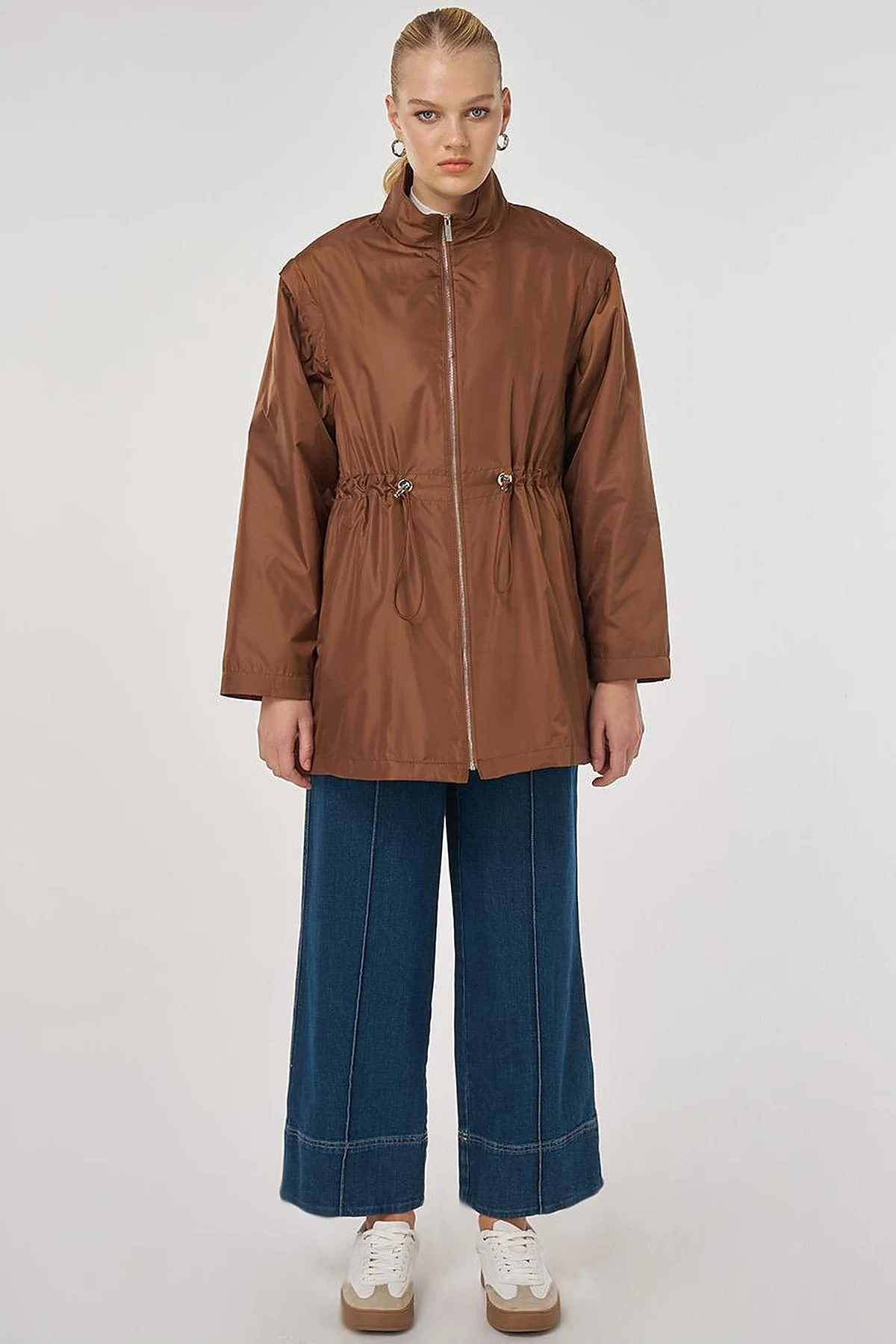 Short Jacket with Detachable Sleeve Detail in Light Brown