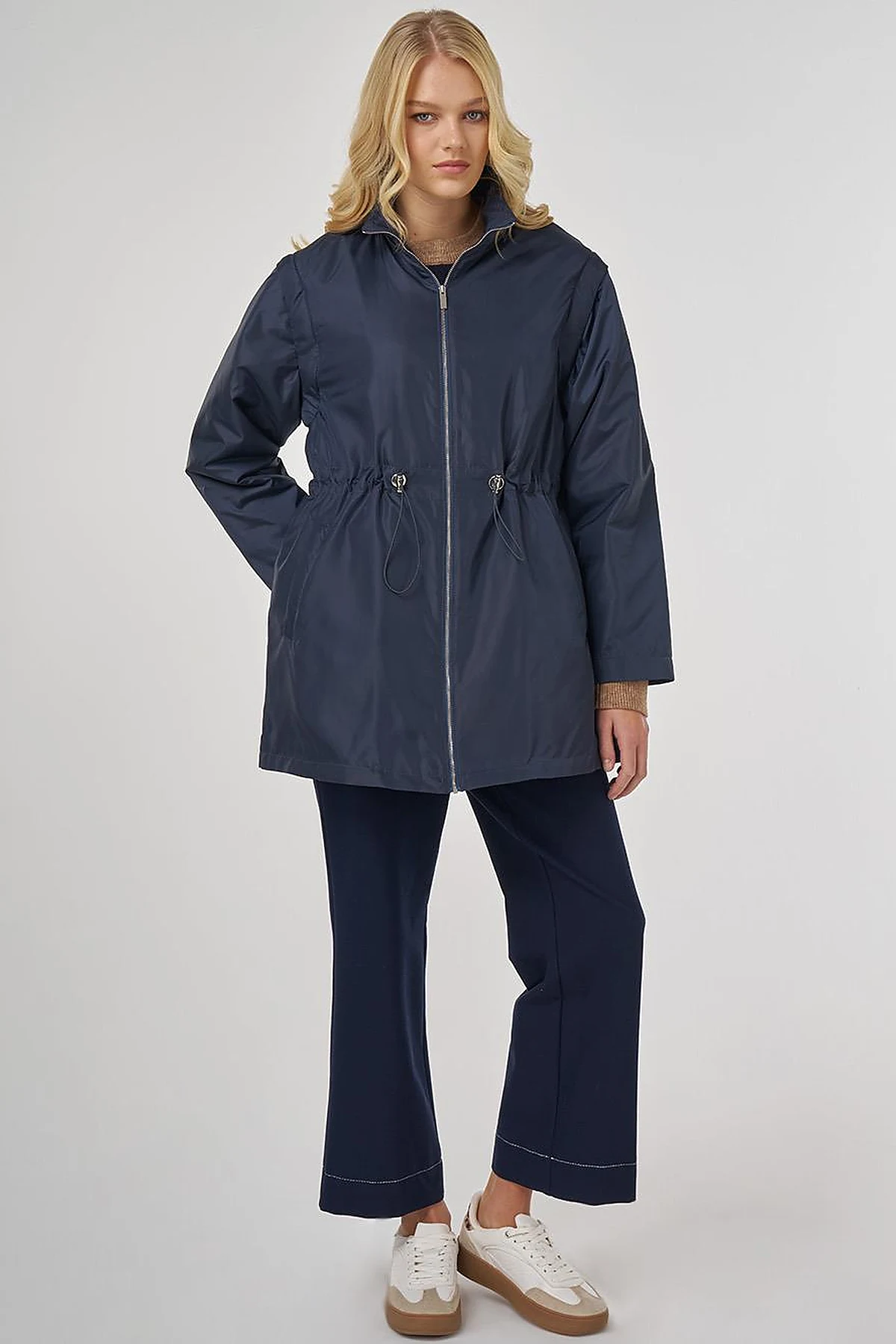 Short Jacket with Detachable Sleeve Detail in Dark Navy Blue