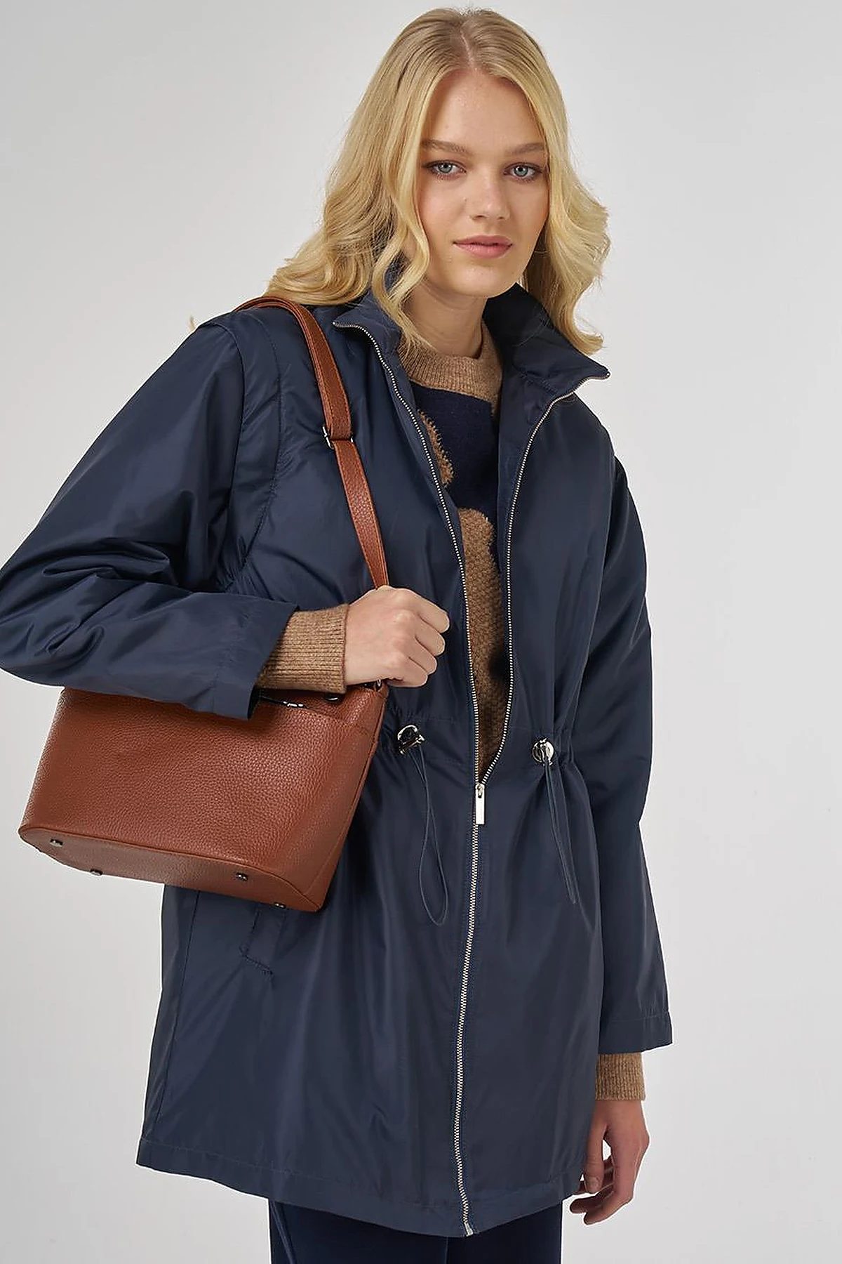 Short Jacket with Detachable Sleeve Detail in Dark Navy Blue