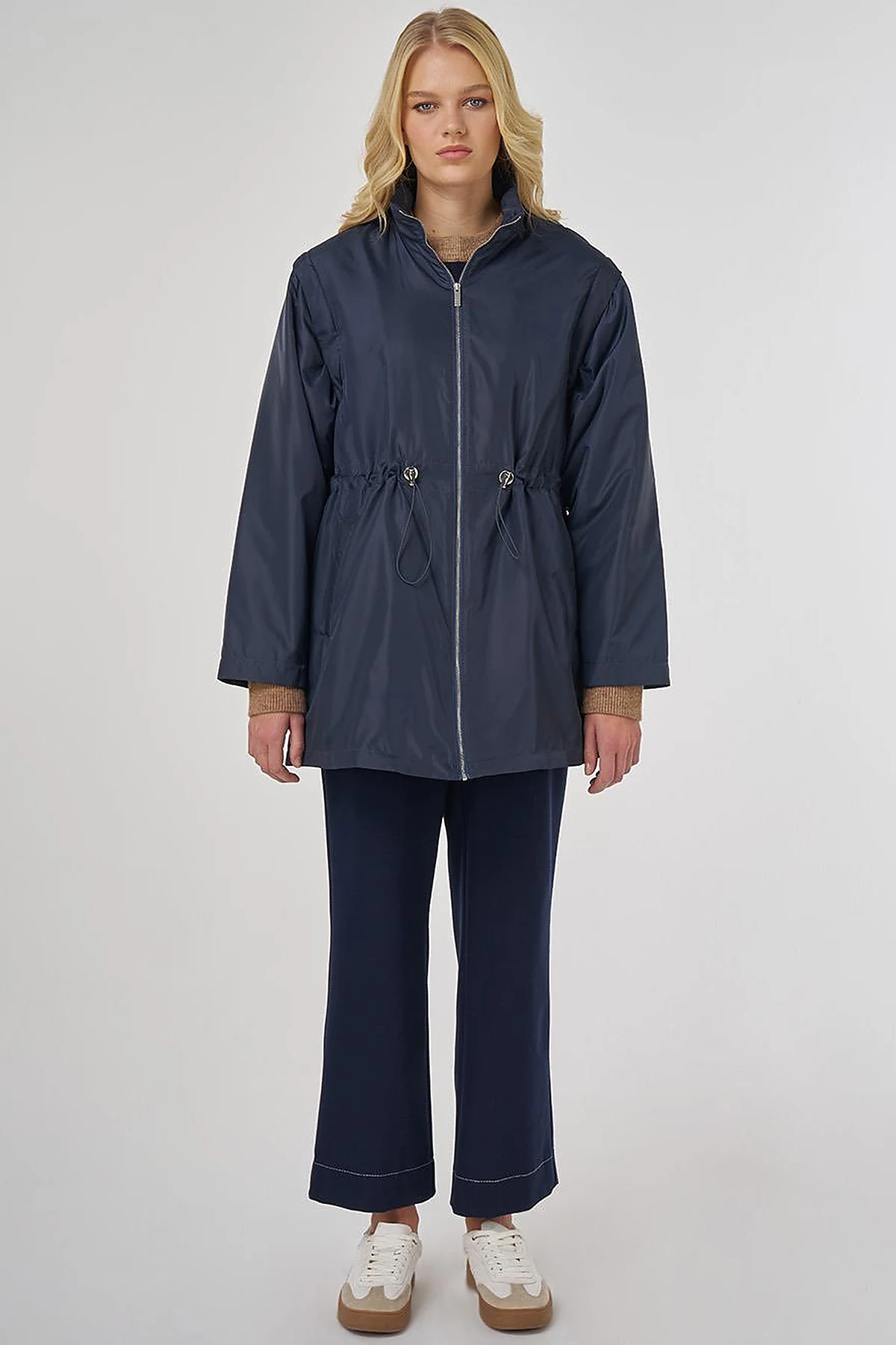 Short Jacket with Detachable Sleeve Detail in Dark Navy Blue