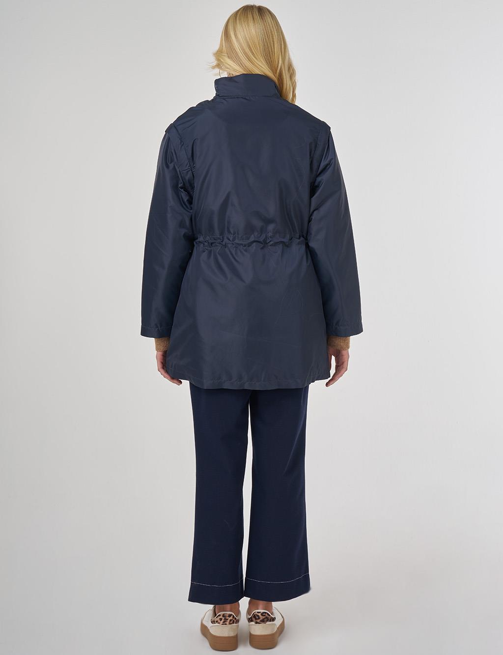 Bel Büzgülü Kısa Mont Koyu Lacivert