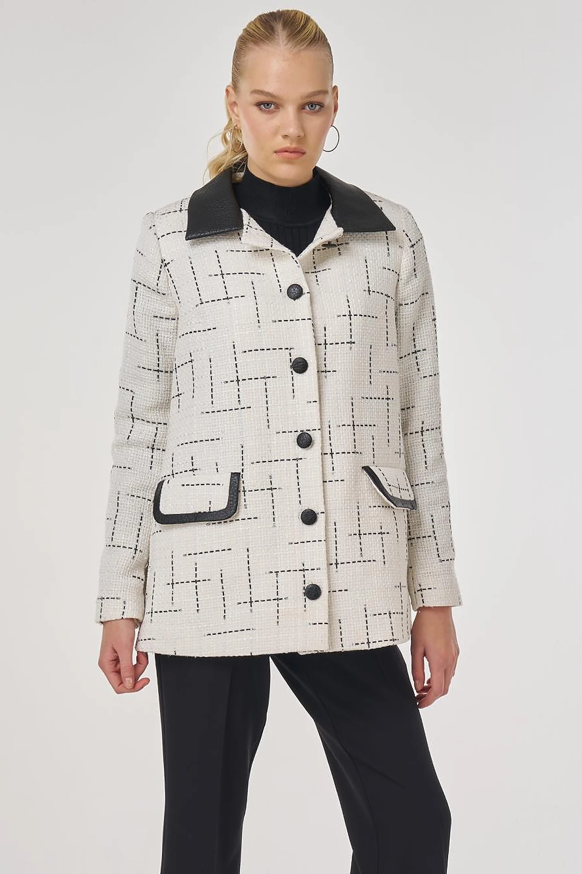 Leather-Collared Patterned Jacket Ecru