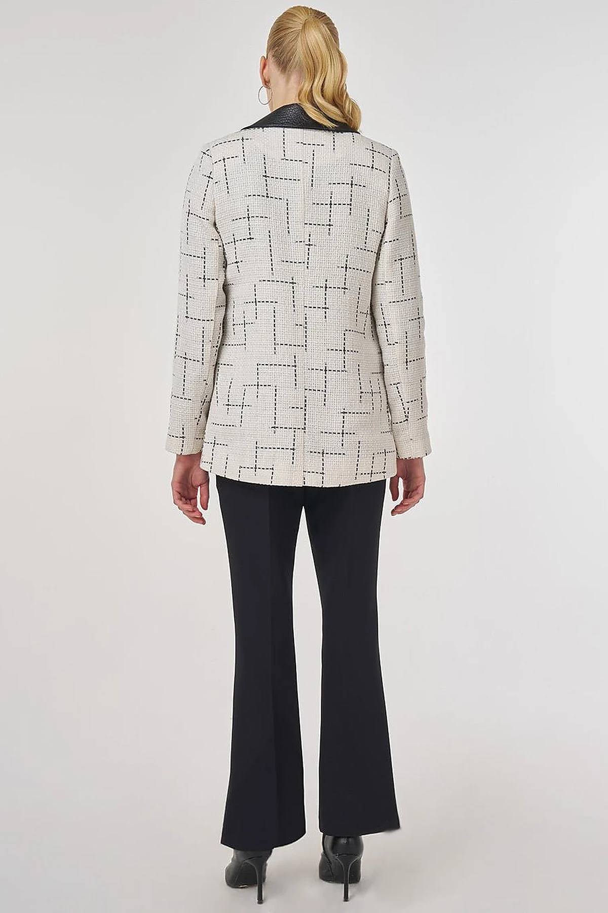 Leather-Collared Patterned Jacket Ecru