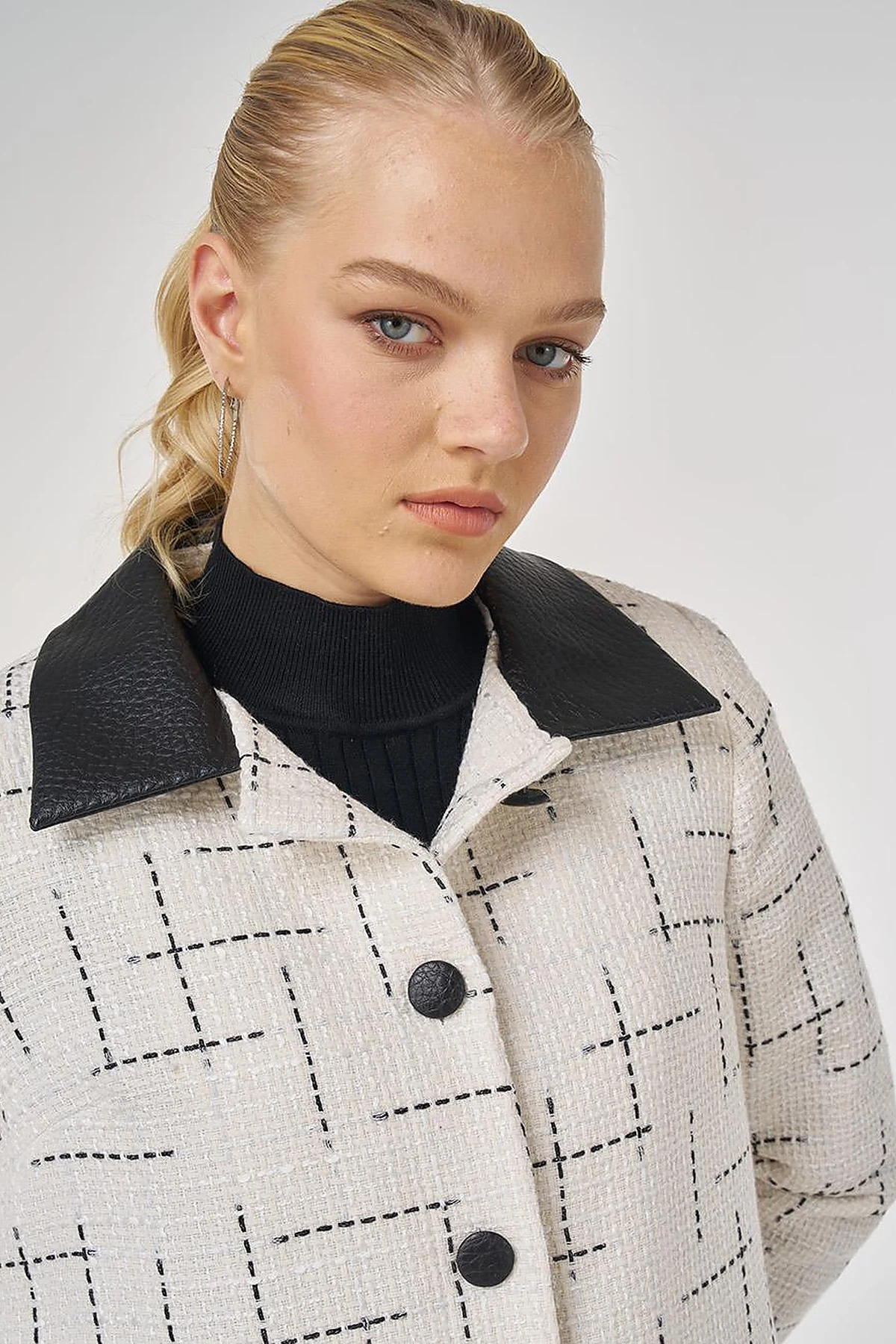 Leather-Collared Patterned Jacket Ecru