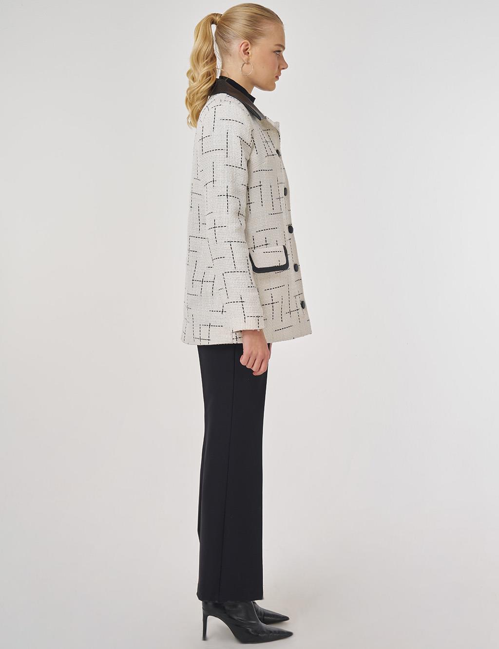 Leather-Collared Patterned Jacket Ecru