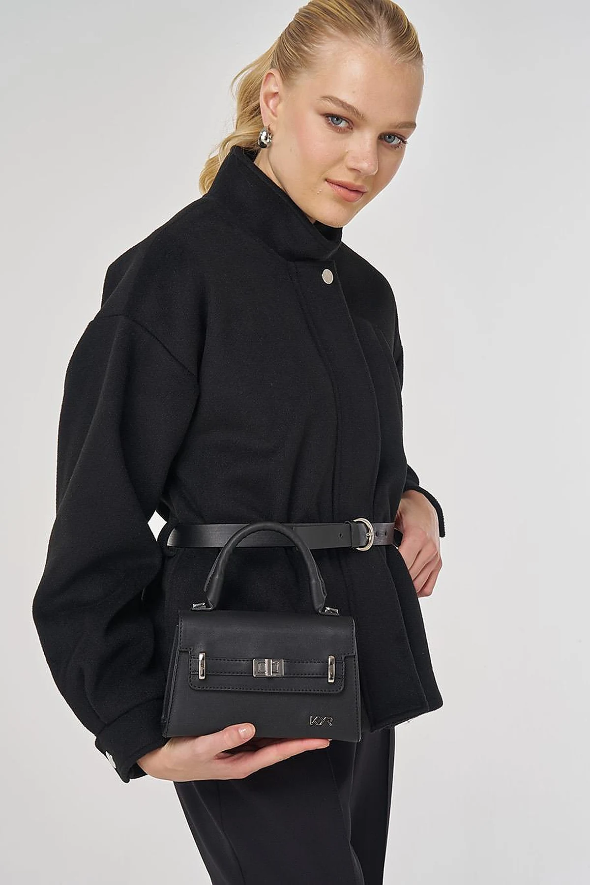 Belt-Detail Short Melton Coat Black