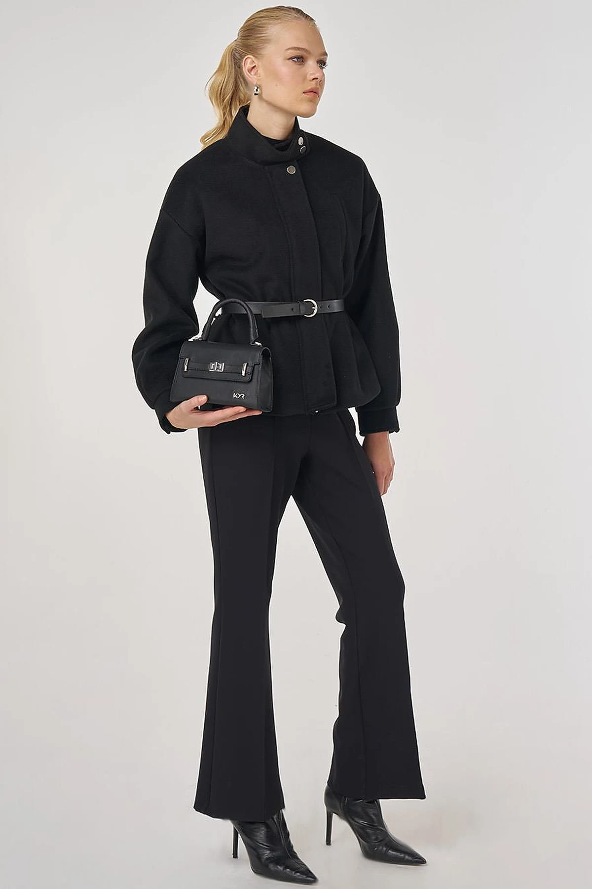 Belt-Detail Short Melton Coat Black