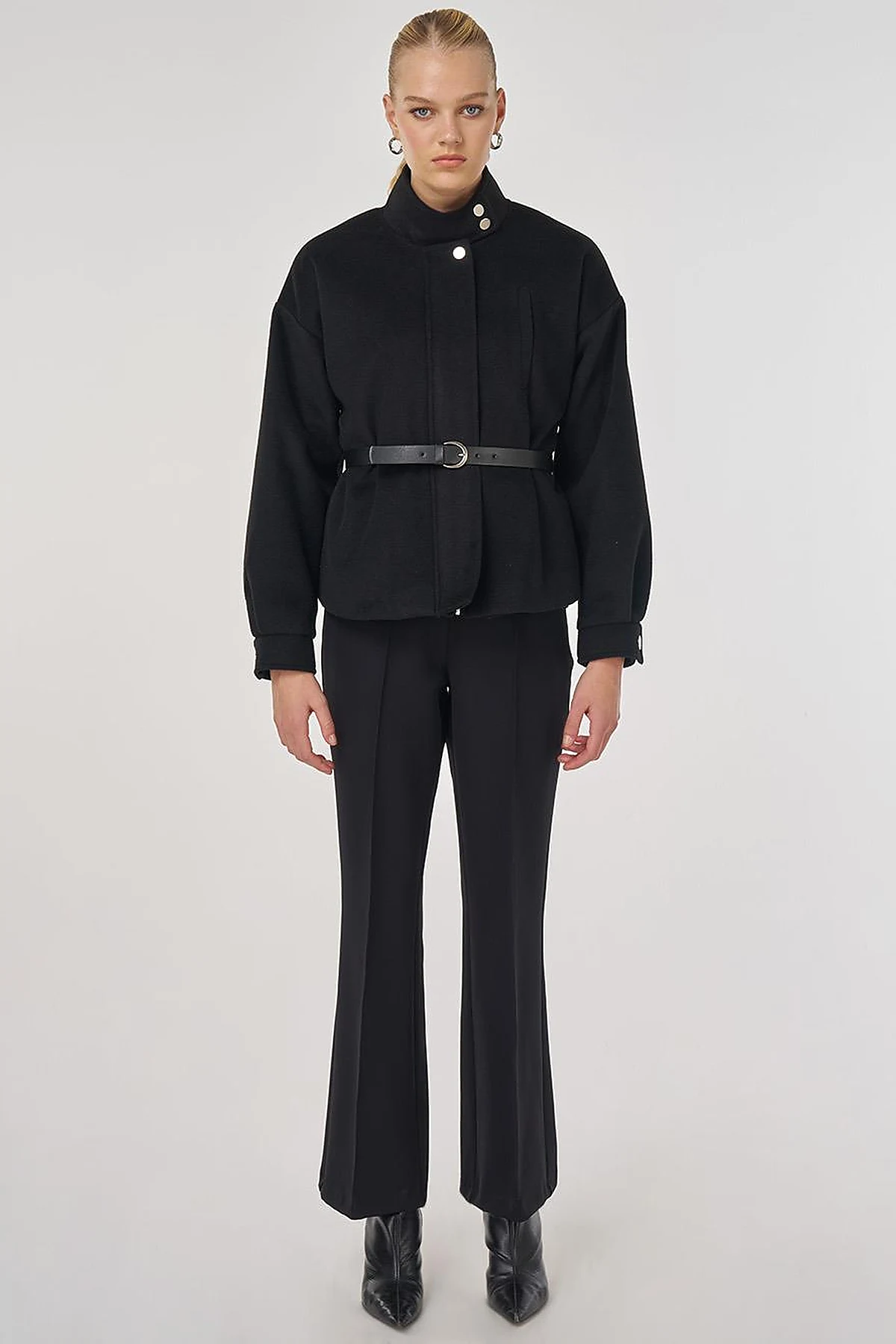 Belt-Detail Short Melton Coat Black