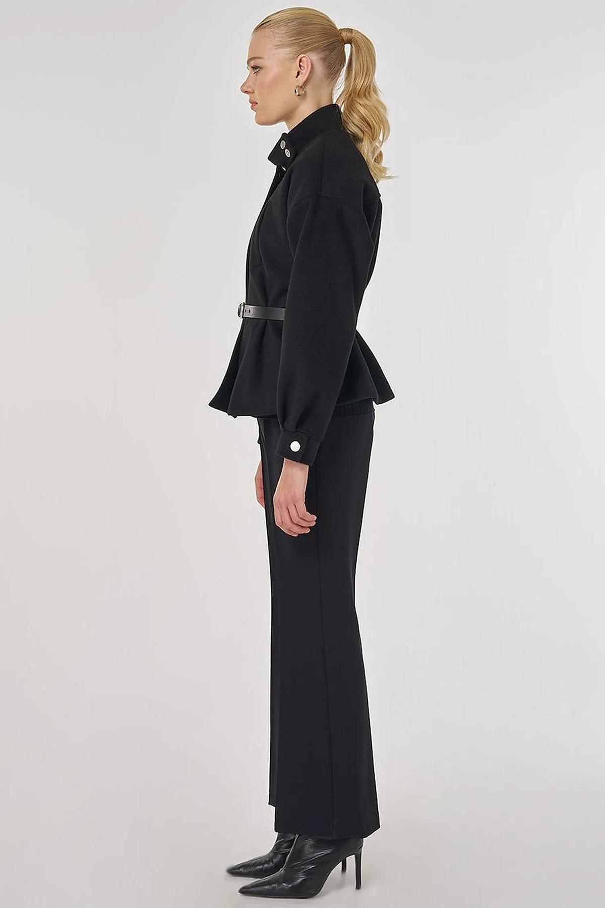 Belt-Detail Short Melton Coat Black