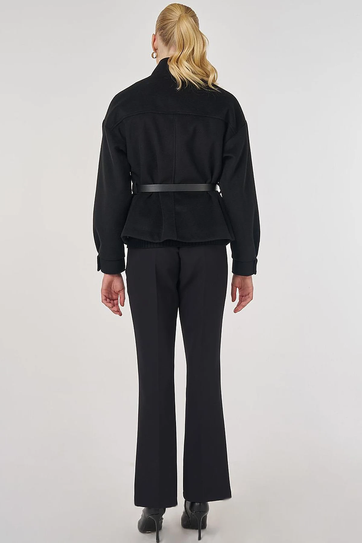 Belt-Detail Short Melton Coat Black