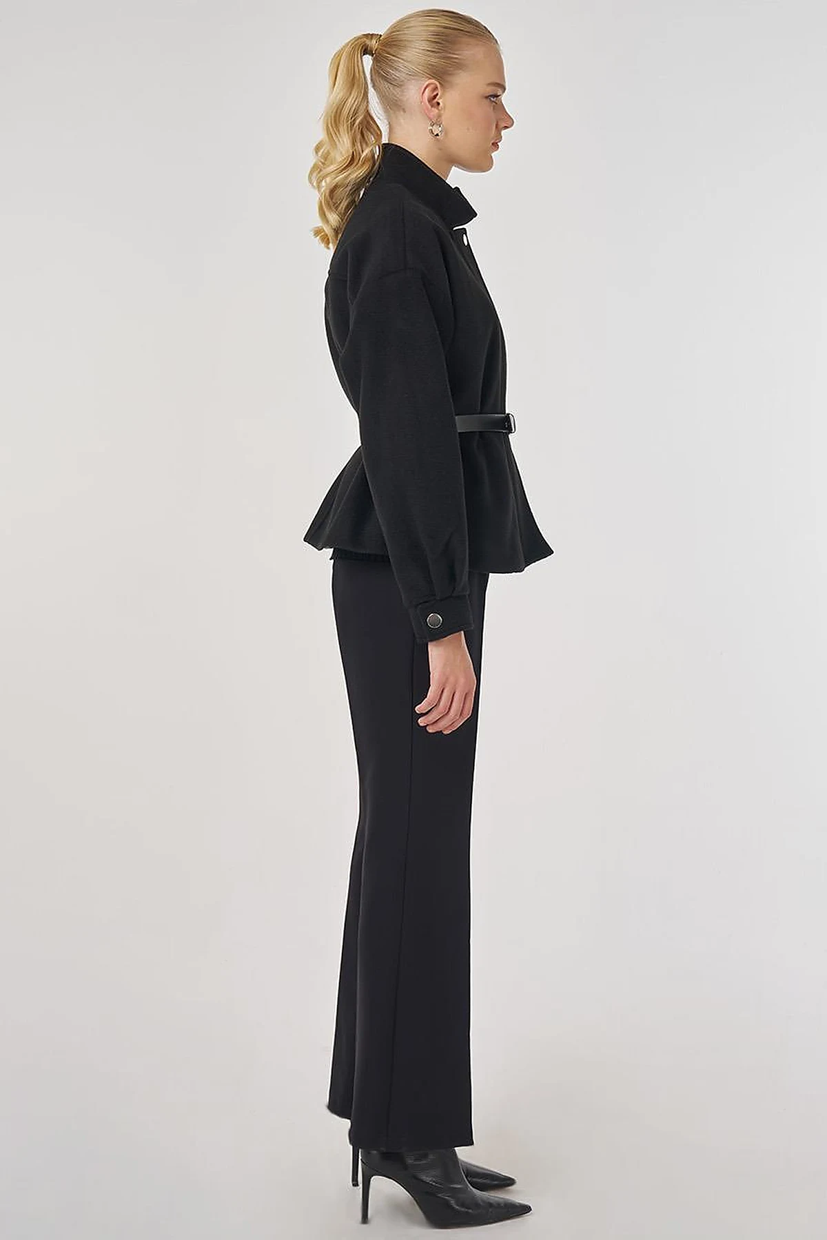 Belt-Detail Short Melton Coat Black