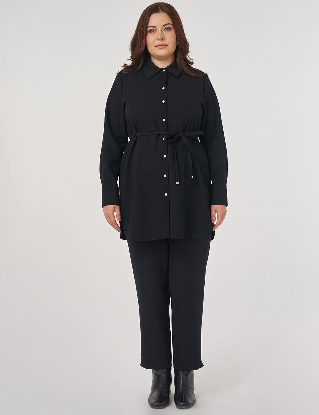 Shirt Collar Tunic with Rope Belt in Black