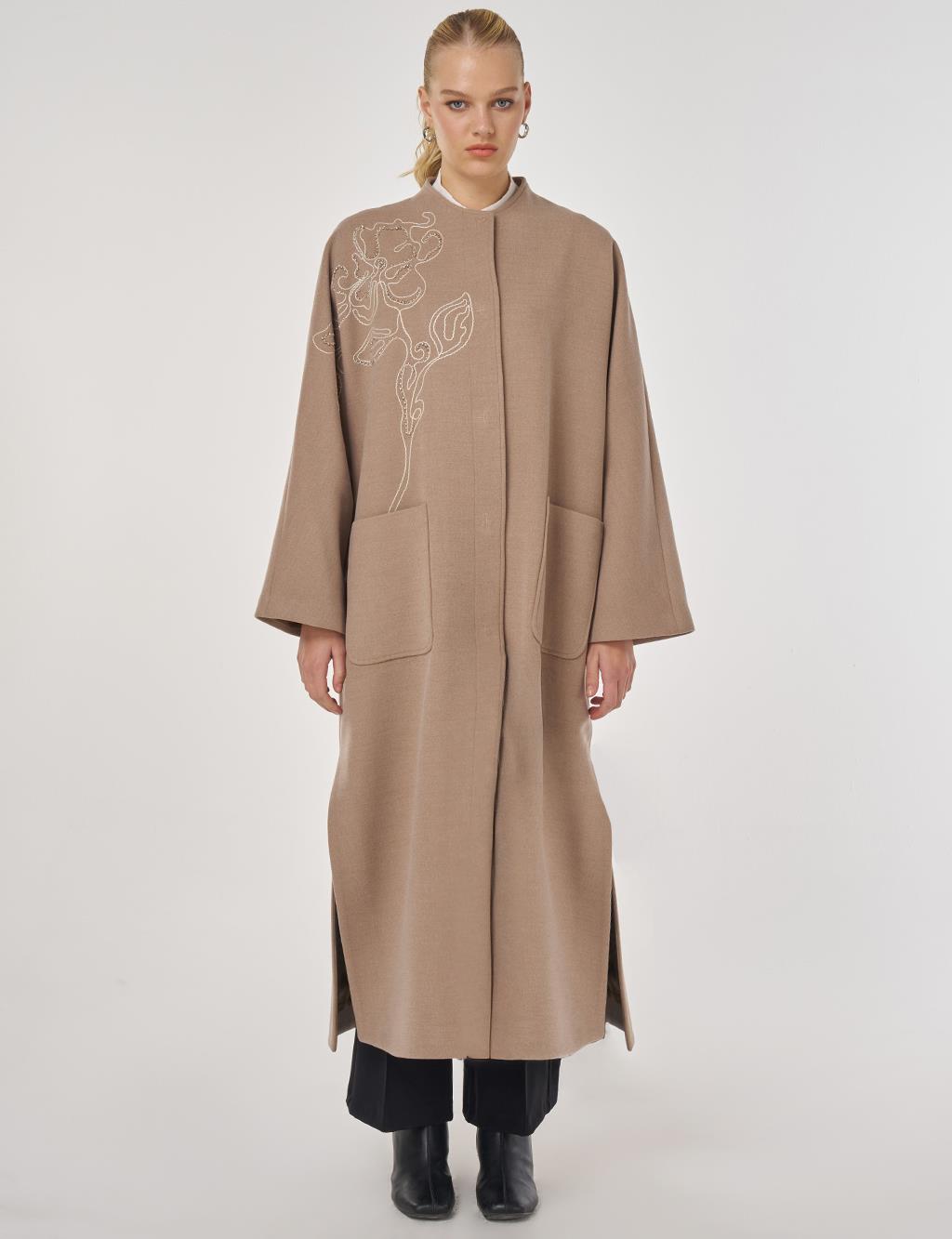 Embroidered Wool-Blend Coat in Mink