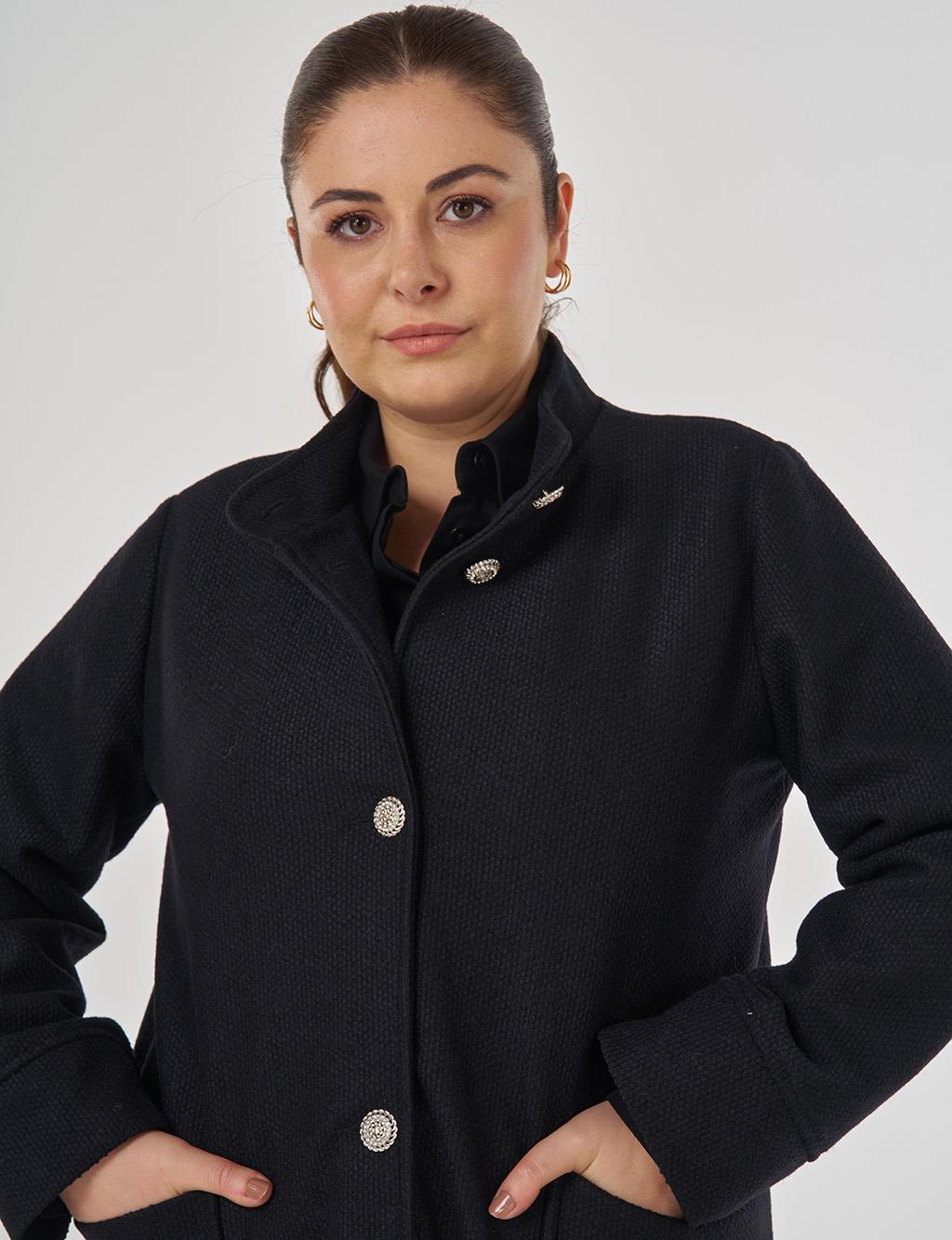 Shiny Button Felt Coat in Black