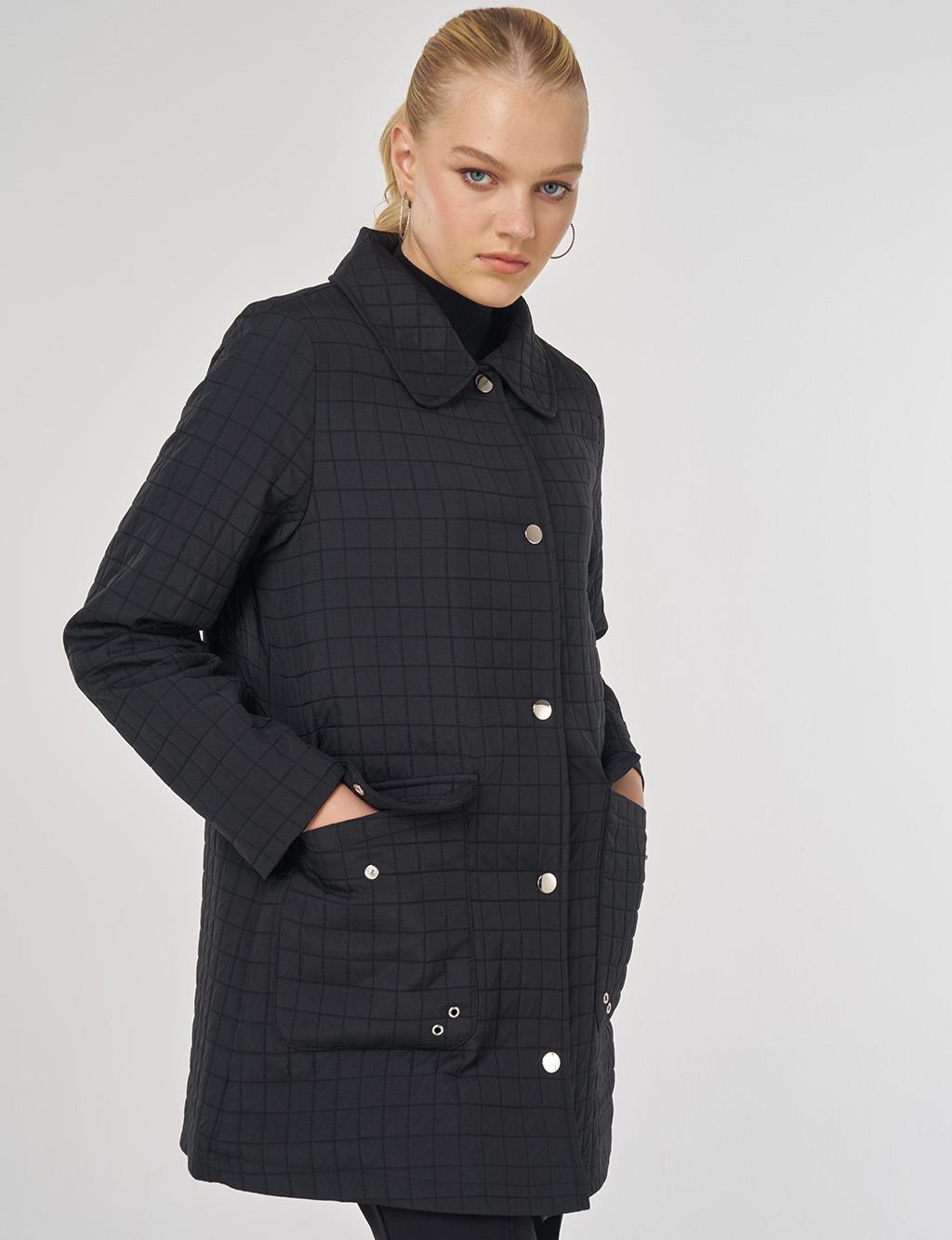 Geniş Yaka Kapitone Ceket Siyah