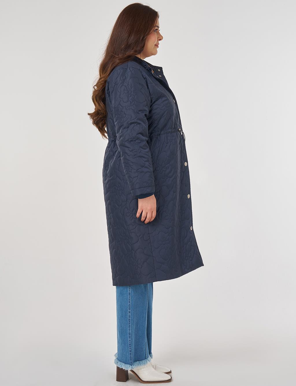 Drawstring Waist Quilted Jacket in Dark Navy Blue