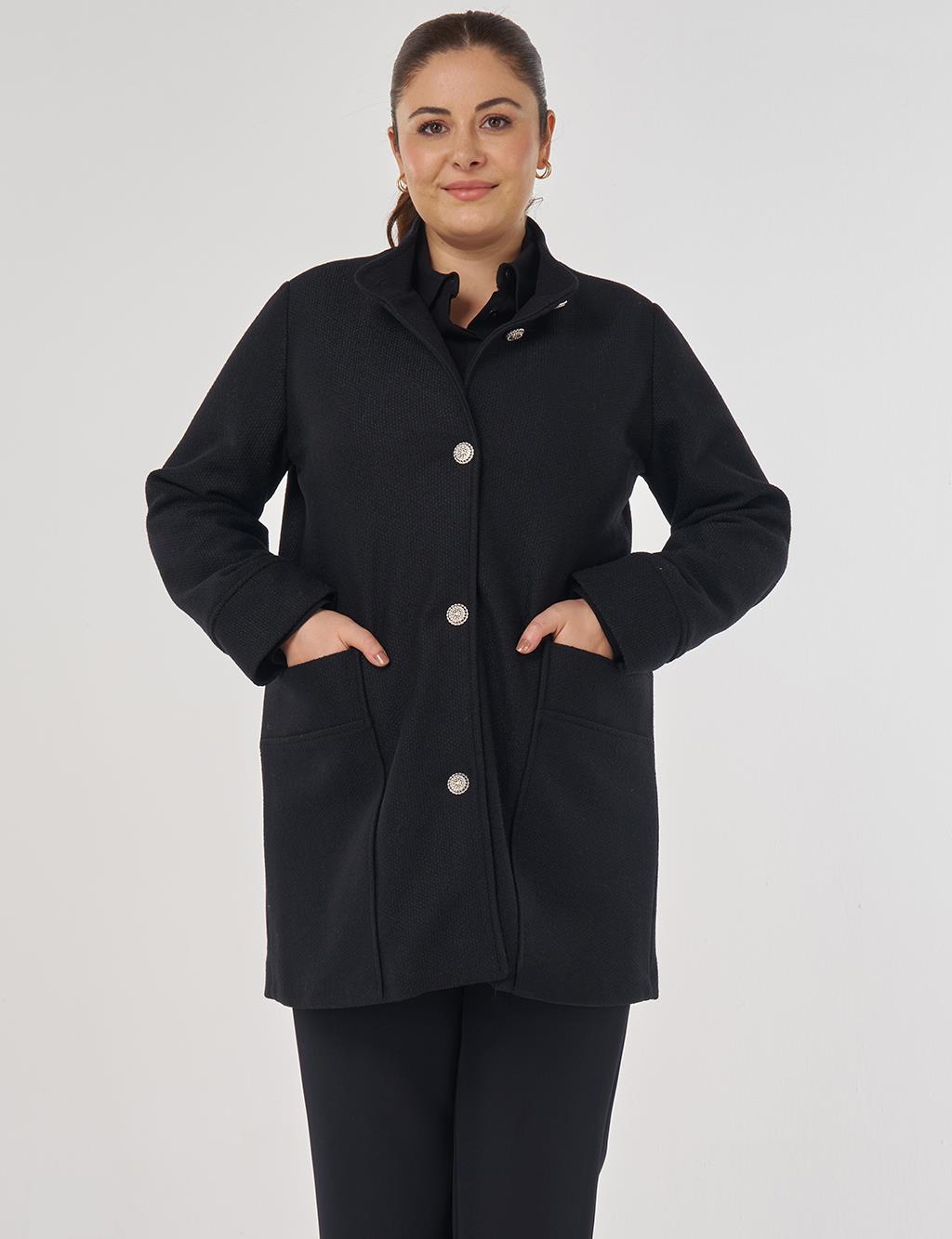 Shiny Button Felt Coat in Black