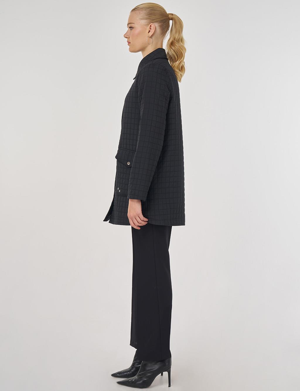 Geniş Yaka Kapitone Ceket Siyah