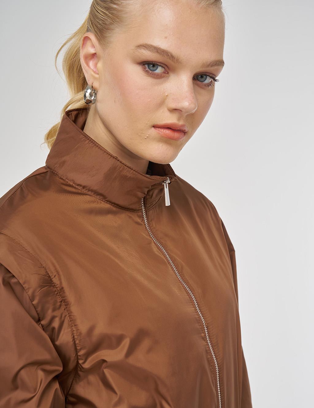 Bel Büzgülü Kısa Mont Açık Kahve