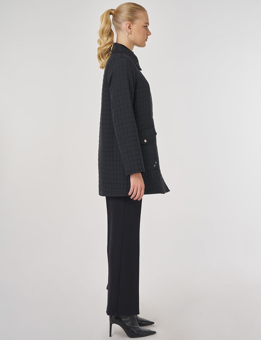 Geniş Yaka Kapitone Ceket Siyah