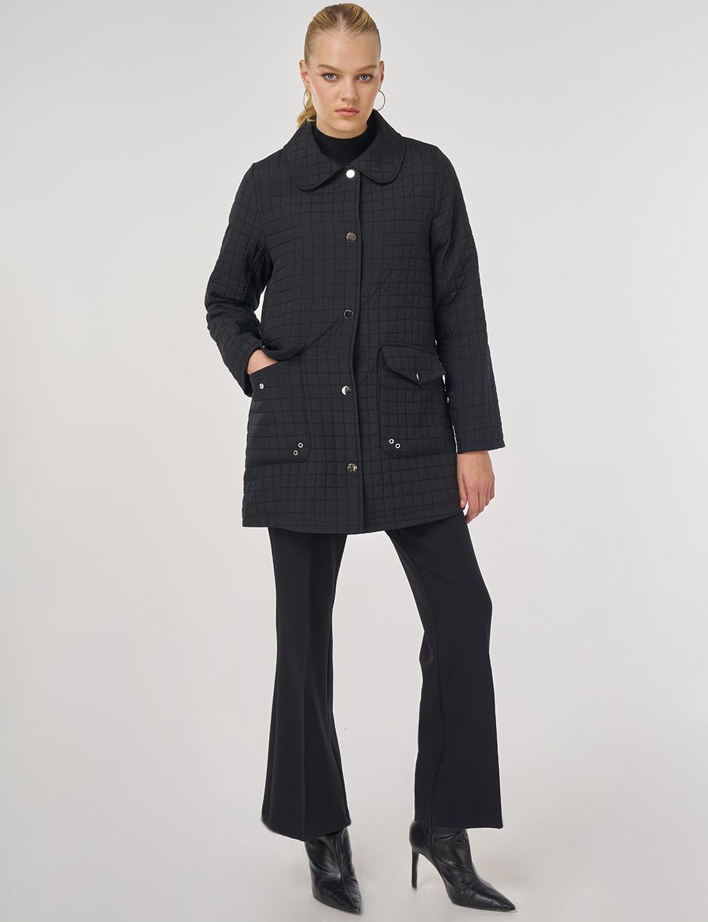 Geniş Yaka Kapitone Ceket Siyah