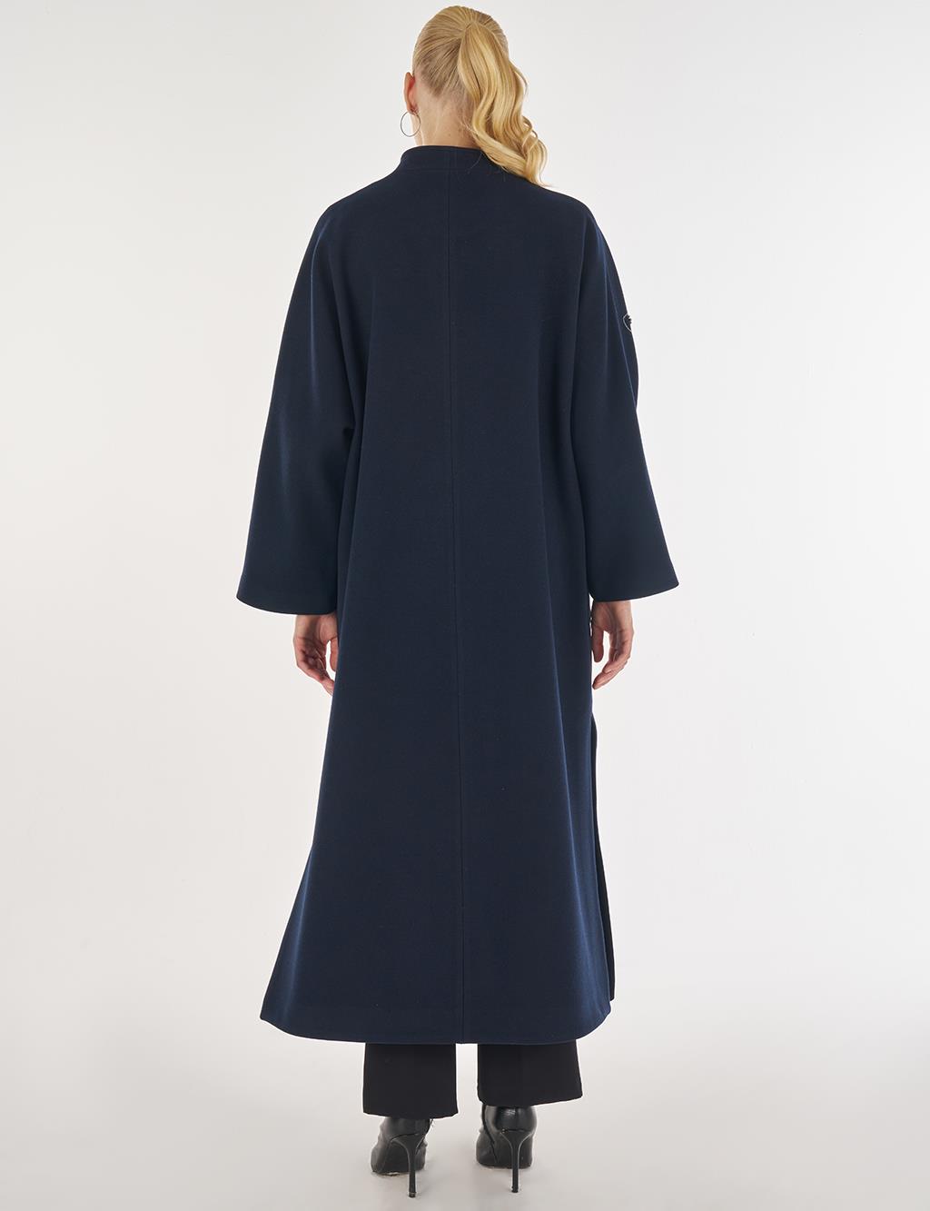 Embroidered Wool-Blend Coat in Dark Navy Blue