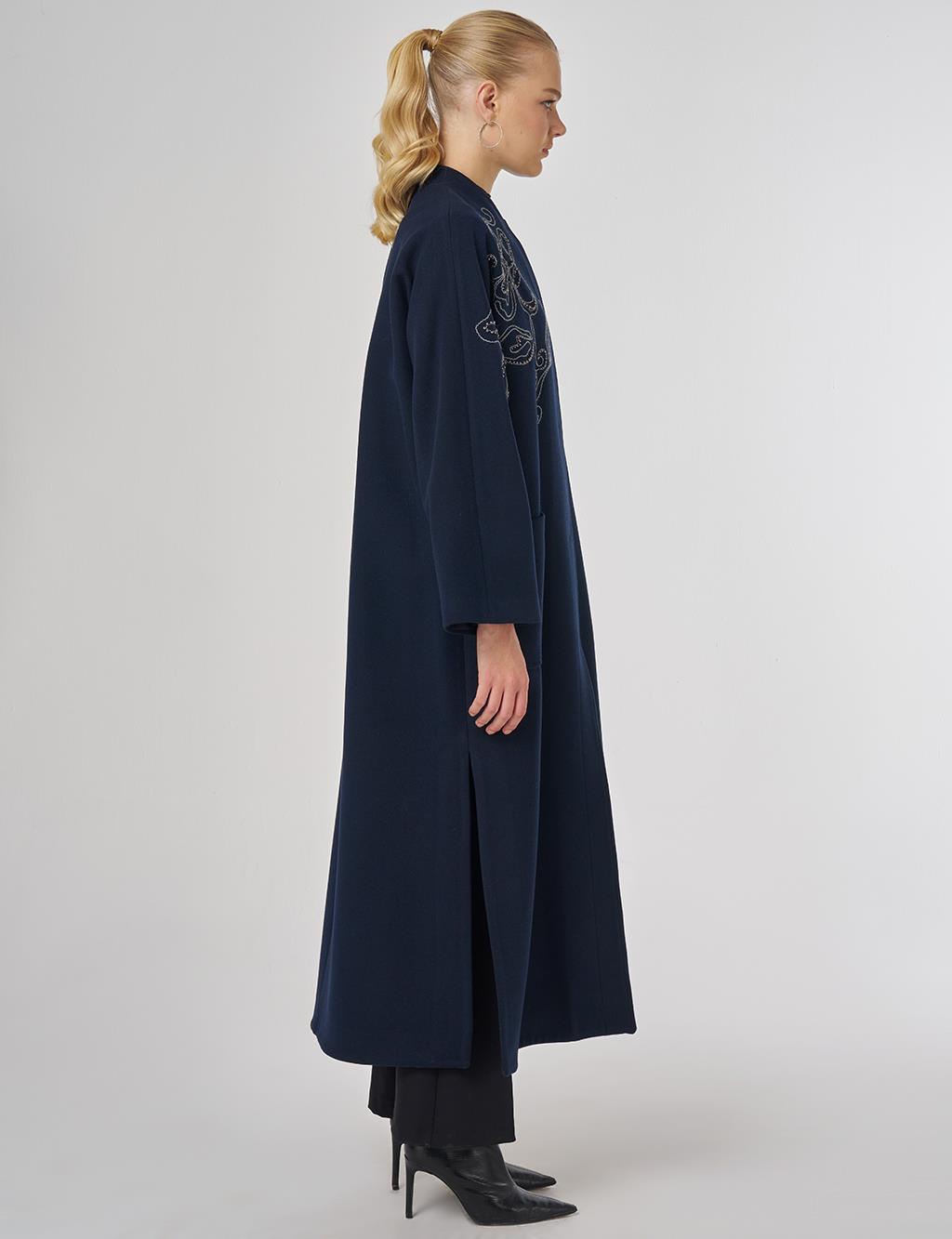 Embroidered Wool-Blend Coat in Dark Navy Blue